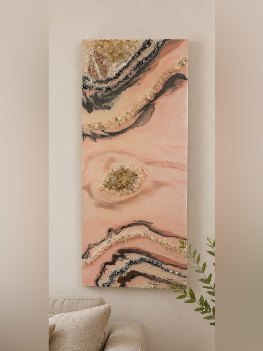 Pink Geode Resin Wall Art Panel with Crystal Accents